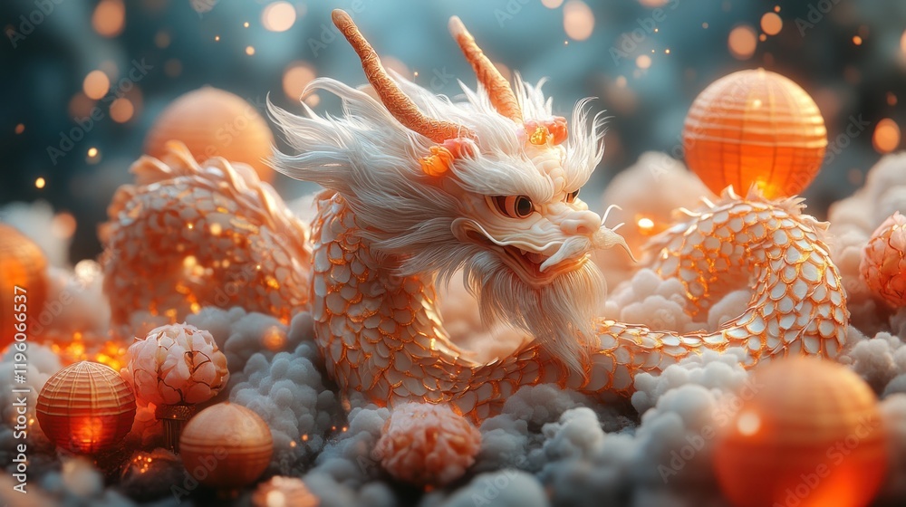 Festive White Dragon Amidst Glowing Lanterns Festive White Dragon Amidst Glowing Lanterns
