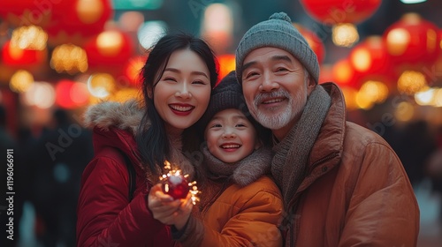 Happy family celebrating Lunar New Year, city festival photo