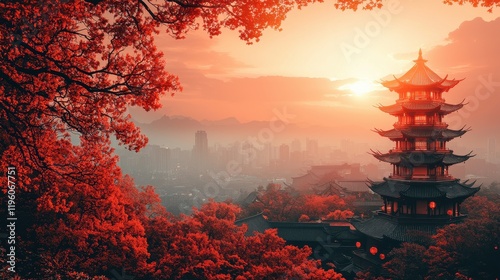 Serene Sunset Over Ancient Pagoda Surrounded by Vibrant Red Foliage and Misty Mountains, Capturing Tranquility and Timeless Beauty of Traditional Architecture
