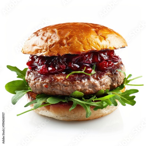 A gourmet venison burger with cranberry compote and arugula, isolated white background, modern art style
