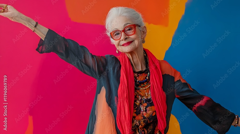 Fototapeta premium Elderly Woman Posing Against Colorful Background