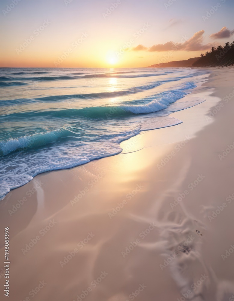 Obraz premium Soft blue ocean waves gently lapping on a white sandy beach at sunset, shore, sea, serene
