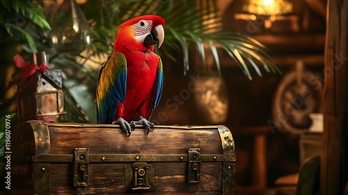 A stuffed parrot as guardian of secrets on treasure chest photo