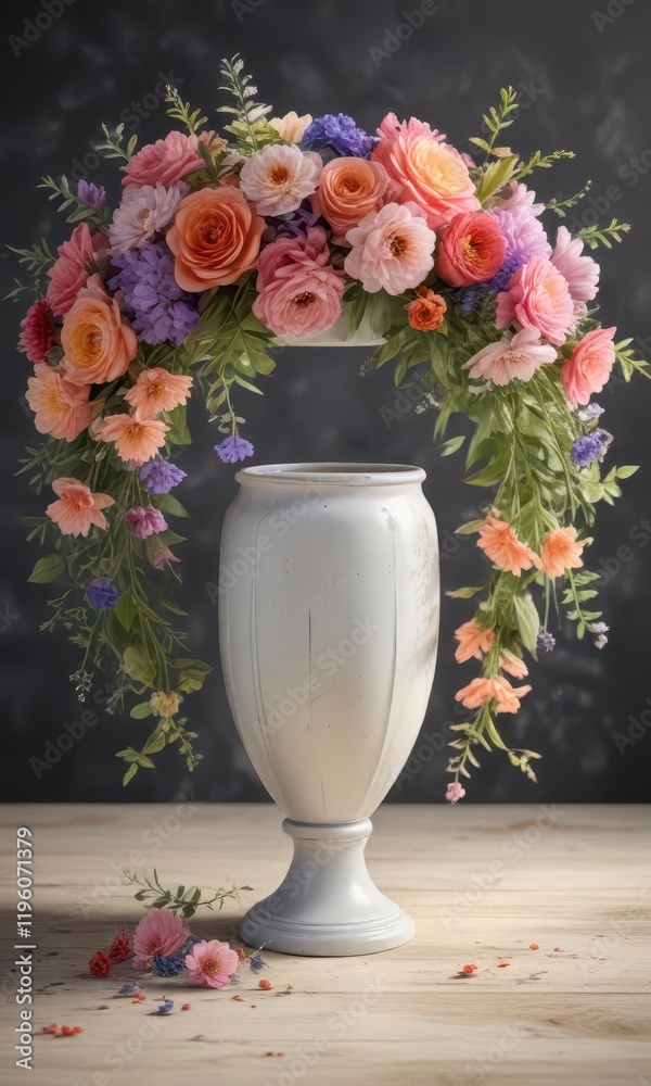 Fototapeta premium Watercolor floral wreath surrounding a circular vase filled with fresh flowers, nature, garden, vases