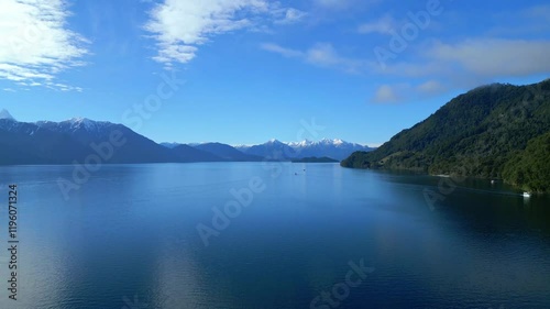 Aerial View of a Serene Lake Surrounded by Snow-Capped Mountains