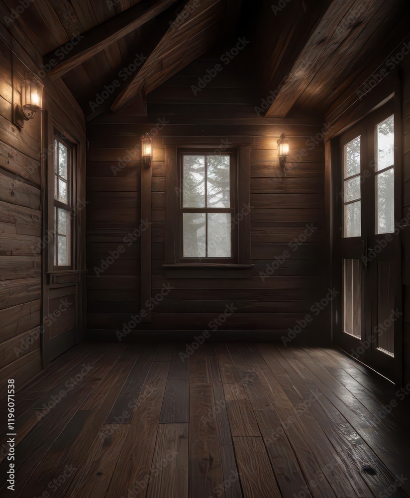 Fototapeta premium weathered dark wood planks lining a dimly lit cabin room, interior, rustic, dark wood