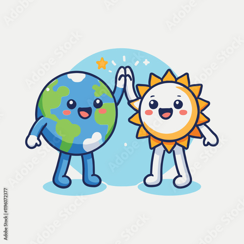 Earth and Sun cartoon characters high five each other
