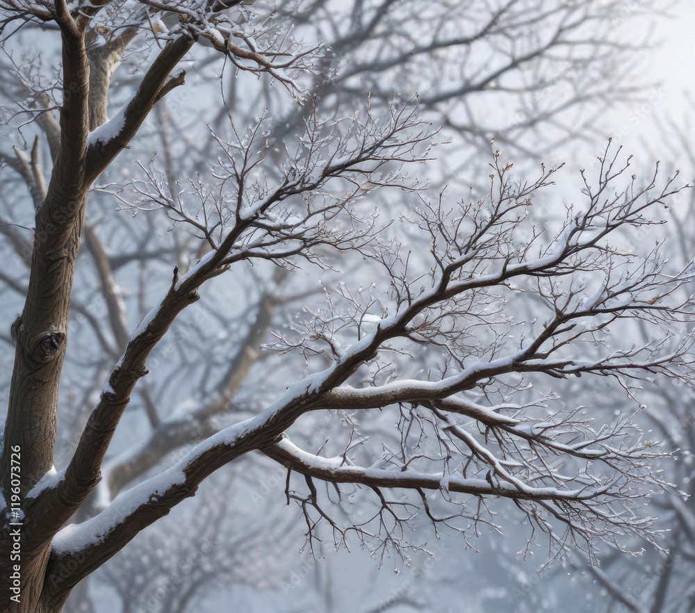 Botanical depiction of winter snowfall on bare tree branches, snowy trees, frozen leaves Botanical depiction of winter snowfall on bare tree branches, snowy trees, frozen leaves