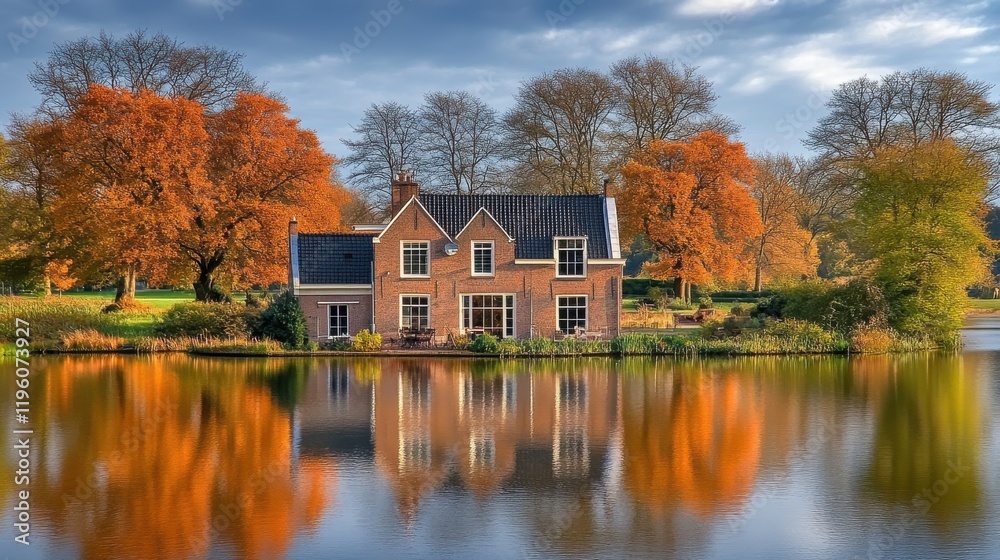 Charming brick house reflecting on a serene autumn lake Charming brick house reflecting on a serene autumn lake