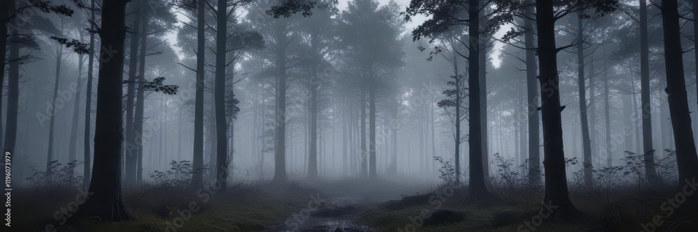 Dark wooden forest at dusk with mist and trees , woodland, dusk Dark wooden forest at dusk with mist and trees , woodland, dusk