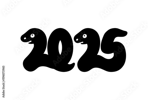 西暦2025年の巳年の蛇のモノクロイラスト
