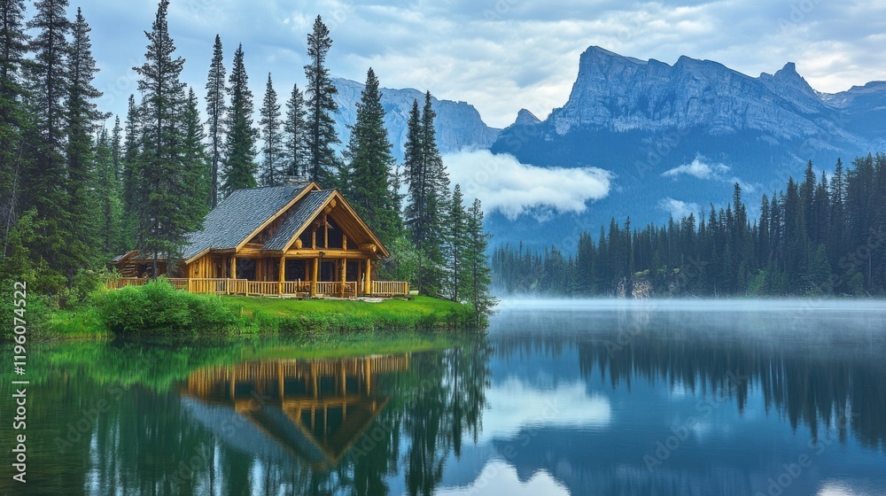Fototapeta premium Wooden lodge reflecting on emerald lake in the canadian rockies