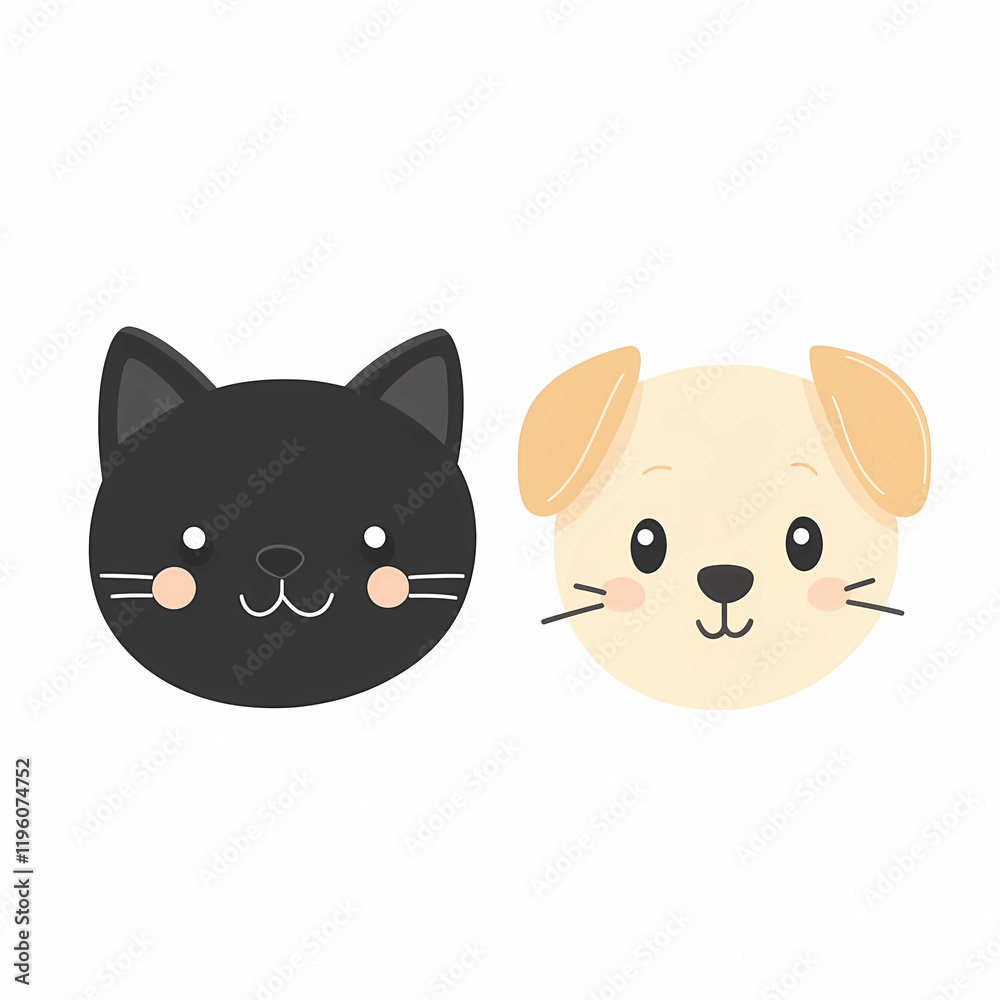 Cute cat and dog face, simple flat icon design, white background, simple lines, simple shapes Cute cat and dog face, simple flat icon design, white background, simple lines, simple shapes