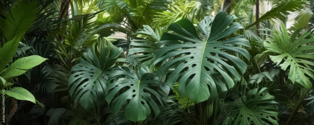 Fototapeta premium Monstera palm plant with lush green leaves and vibrant foliage in a tropical garden setting, herbs, monstera