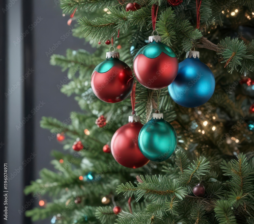 Red and green glass ornaments hanging from a blue-colored Christmas tree branch, festive, christmas tree branch Red and green glass ornaments hanging from a blue-colored Christmas tree branch, festive, christmas tree branch