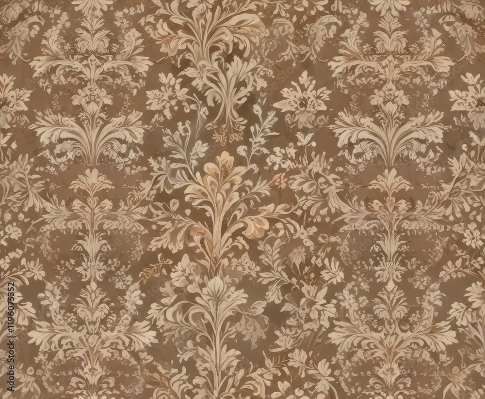 Whimsical damask pattern featuring foliage and botanical elements in muted earth tones, damask pattern, leaf motif Whimsical damask pattern featuring foliage and botanical elements in muted earth tones, damask pattern, leaf motif