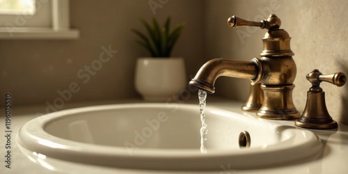 Close-up of antique-style faucet with water flowing into a pristine sink