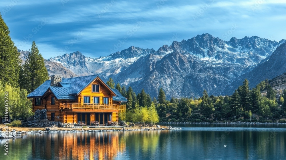 Naklejka premium Wooden house reflecting on serene mountain lake