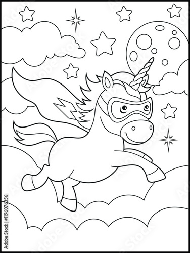 Superhero Unicorn Coloring Page for Kids. A Fun and Printable Black and White Activity Sheet for Kindergarten.
