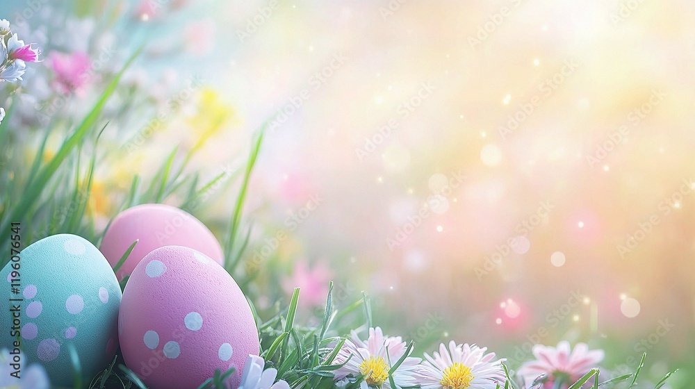 Pastel Easter Eggs in Spring Garden with Soft Background Effects Pastel Easter Eggs in Spring Garden with Soft Background Effects