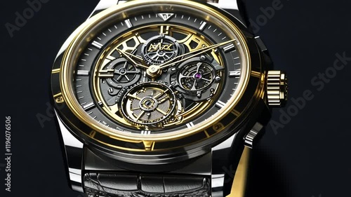 Black and gold luxury skeleton watch with leather strap.