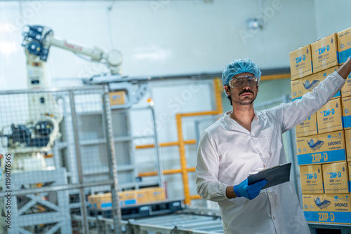 Quality inspector evaluating packaged goods in a robotics driven facility. Emphasis on manufacturing precision, logistics, and innovative industrial solutions. photo