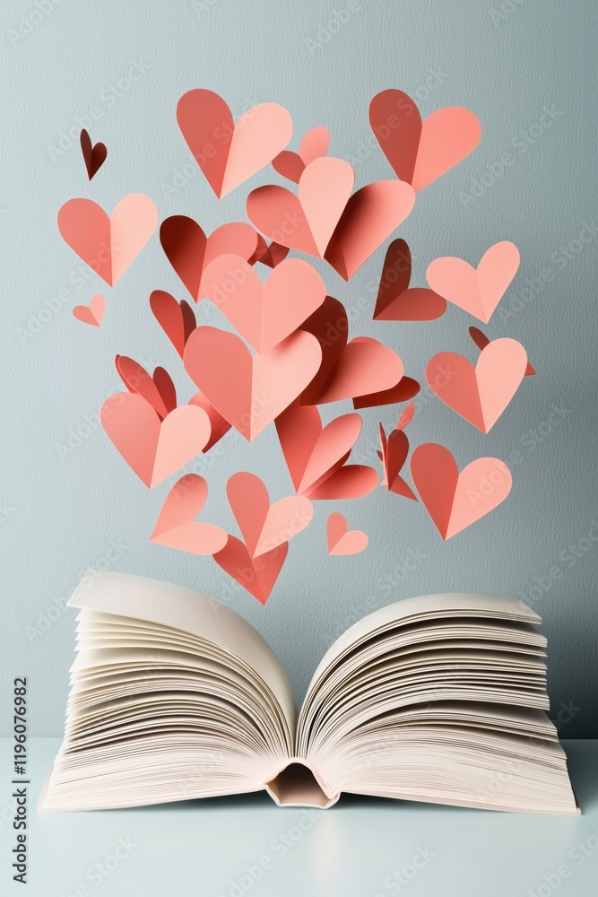 Open book with numerous layered pink and red paper hearts bursting upward against a soft blue background, symbolizing an outpouring of love and creativity. Open book with numerous layered pink and red paper hearts bursting upward against a soft blue background, symbolizing an outpouring of love and creativity.