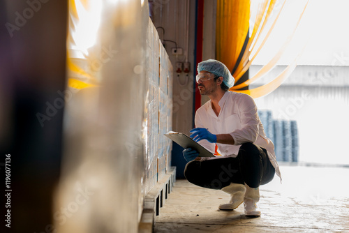 Inspector with clipboard supervising palletized goods in a storage facility Emphasis on quality assurance production processes and warehouse management in a professional environment