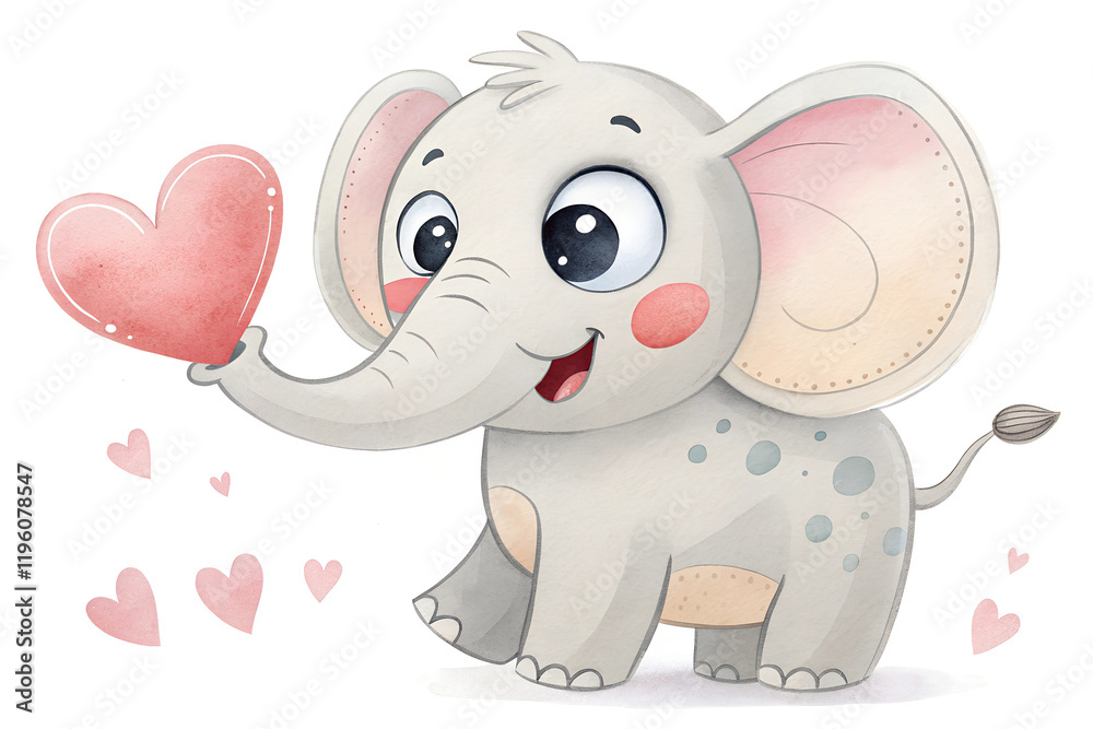Adorable cartoon elephant holding a pink heart with its trunk on a white background. Valentine's Day illustration for kids and love themes Adorable cartoon elephant holding a pink heart with its trunk on a white background. Valentine's Day illustration for kids and love themes