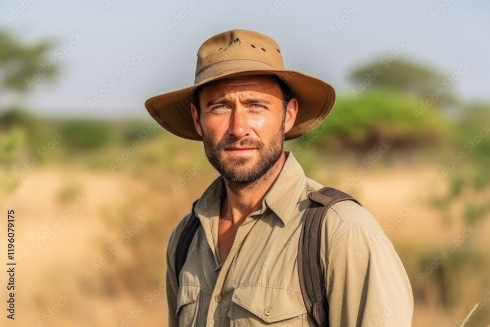 Handsome man in safari outfit standing in a field looking at camera Handsome man in safari outfit standing in a field looking at camera