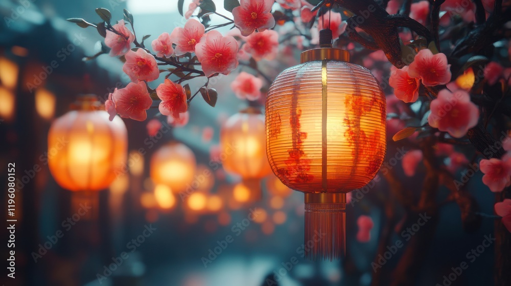Fototapeta premium Illuminated Lanterns Blossom Street Asian Festival Night