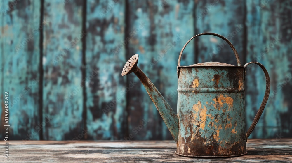 Rustic Charm: A Weathered Watering Can Against a Teal Wooden Background Rustic Charm: A Weathered Watering Can Against a Teal Wooden Background
