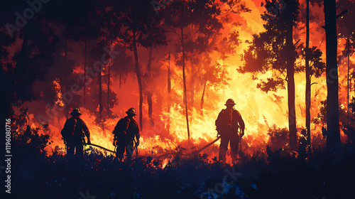 Firefighters work together using hoses to suppress a dangerous forest fire at night, silhouetted against the intense glow of the flames in a wooded area. Frostflare. Illustration