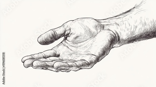 Detailed pen-and-ink drawing of an outstretched hand.