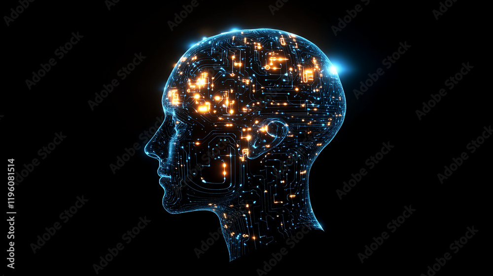 Digital head with glowing circuits symbolizing artificial intelligence and advanced technology in a futuristic brain illustration Digital head with glowing circuits symbolizing artificial intelligence and advanced technology in a futuristic brain illustration