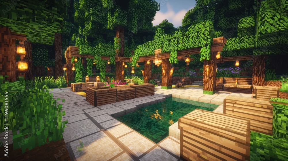 Fototapeta premium A serene garden space with seating and a tranquil pool.