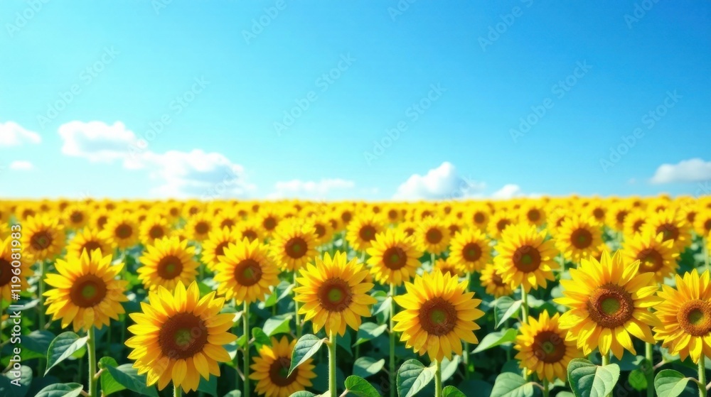 Fototapeta premium Vibrant Yellow Sunflowers Blooming in a Sunny Field Under a Clear Blue Sky
