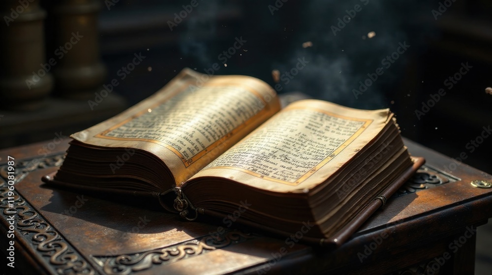 Obraz premium Ancient Book Resting on Ornate Wooden Tabletop, Illuminated by Soft Light, Dust Motes Dancing in Air