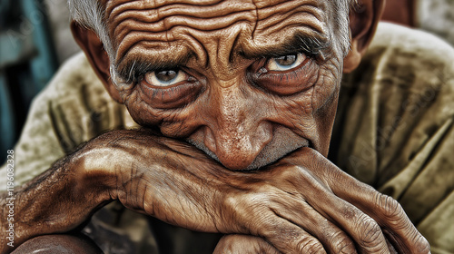 A close-up of a tired old man with a dull, aching expression, his hands clutching his knees, wrinkles on his face accentuating years of chronic discomfort.  photo