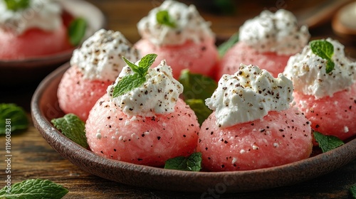 Watermelon balls with cream, mint, and spice; summer dessert plate