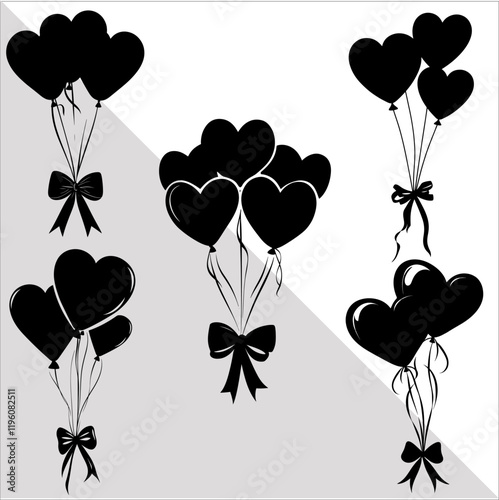 Black vector silhouette of heart shaped balloons bundle. Heart Balloon Celebration Silhouette set. 