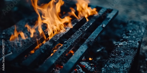 Fiery embers glowing on dark metal grate.