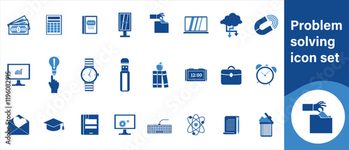 Problem solving icon set, illustration, set, vector, problem, symbol, solution, success, collection, brainstorming, modern, strategy, jigsaw, puzzle, teamwork, vision, icon, question and more.