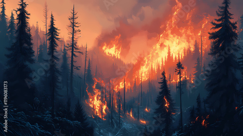 Contrasting survival: fire-engulfed forest and resilient greenery in a wildfire aftermath. Frostflare. Illustration photo