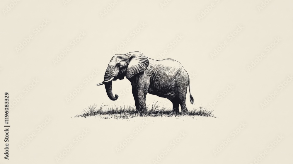 Fototapeta premium Monochrome illustration of an elephant standing in grass.