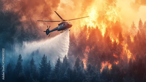 Dramatic scene of a firefighting helicopter dropping water to control forest fires from above. Frostflare. Illustration photo