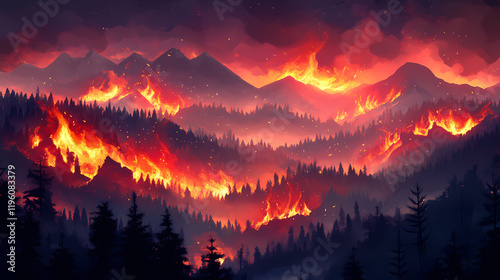 Dramatic wildfire on mountainous terrain. Frostflare. Illustration