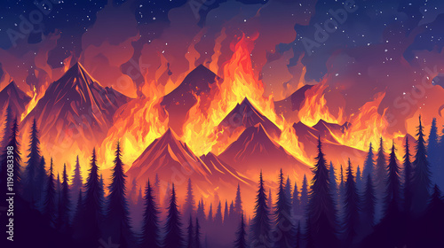 Dramatic wildfire on mountainous terrain. Frostflare. Illustration