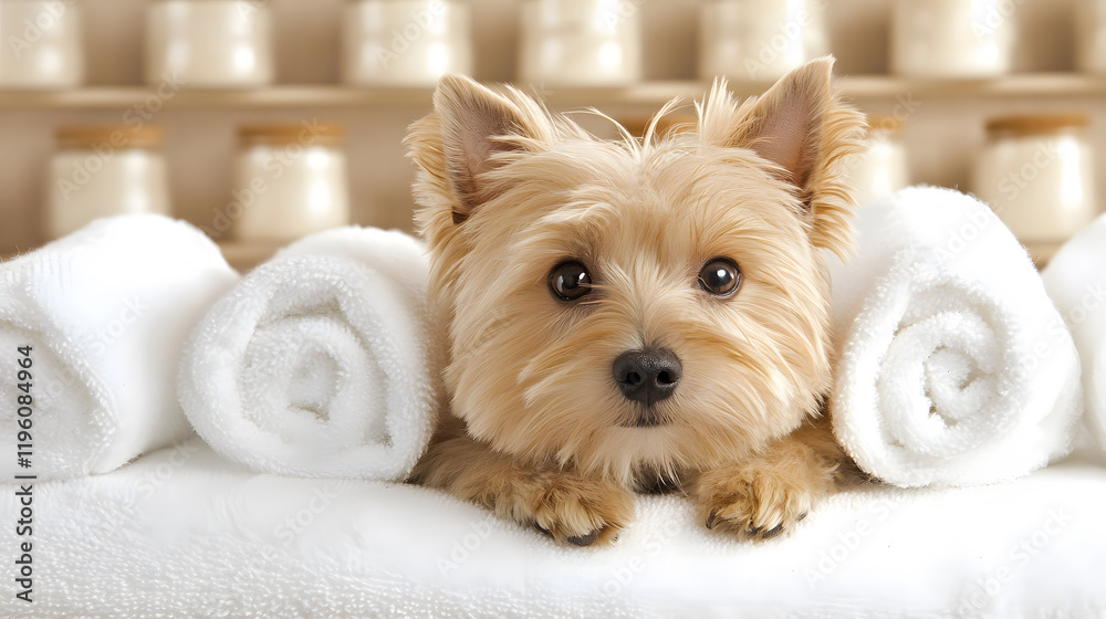 A cute dog rests between rolled towels, exuding a calm and cozy atmosphere in a serene spa-like setting A cute dog rests between rolled towels, exuding a calm and cozy atmosphere in a serene spa-like setting