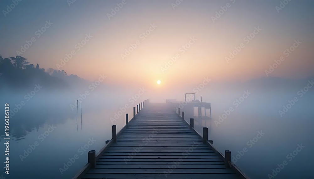 Fototapeta premium Misty Sunrise Pier: A Serene Lake Landscape